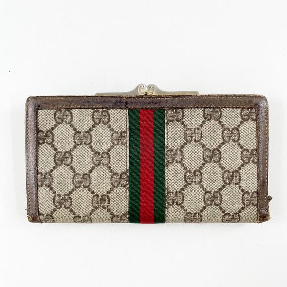 Gucci Vintage GG Supreme Web Long Trifold Wallet French Purse Brown - Picture 10 of 14